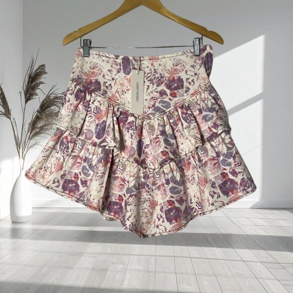 DRIFTWOOD NWT Floral Print Tiered Ruffle Denim Mini Skirt Medium M Side Zip - Picture 2 of 14